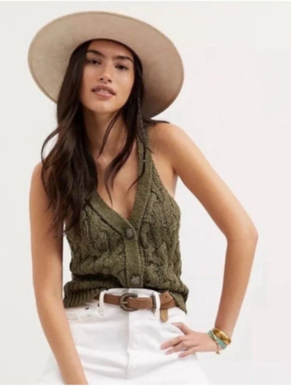 Pilcro Anthropolgie Olive Green Cable Knit Button-Front Sweater Vest | Knit Vest
